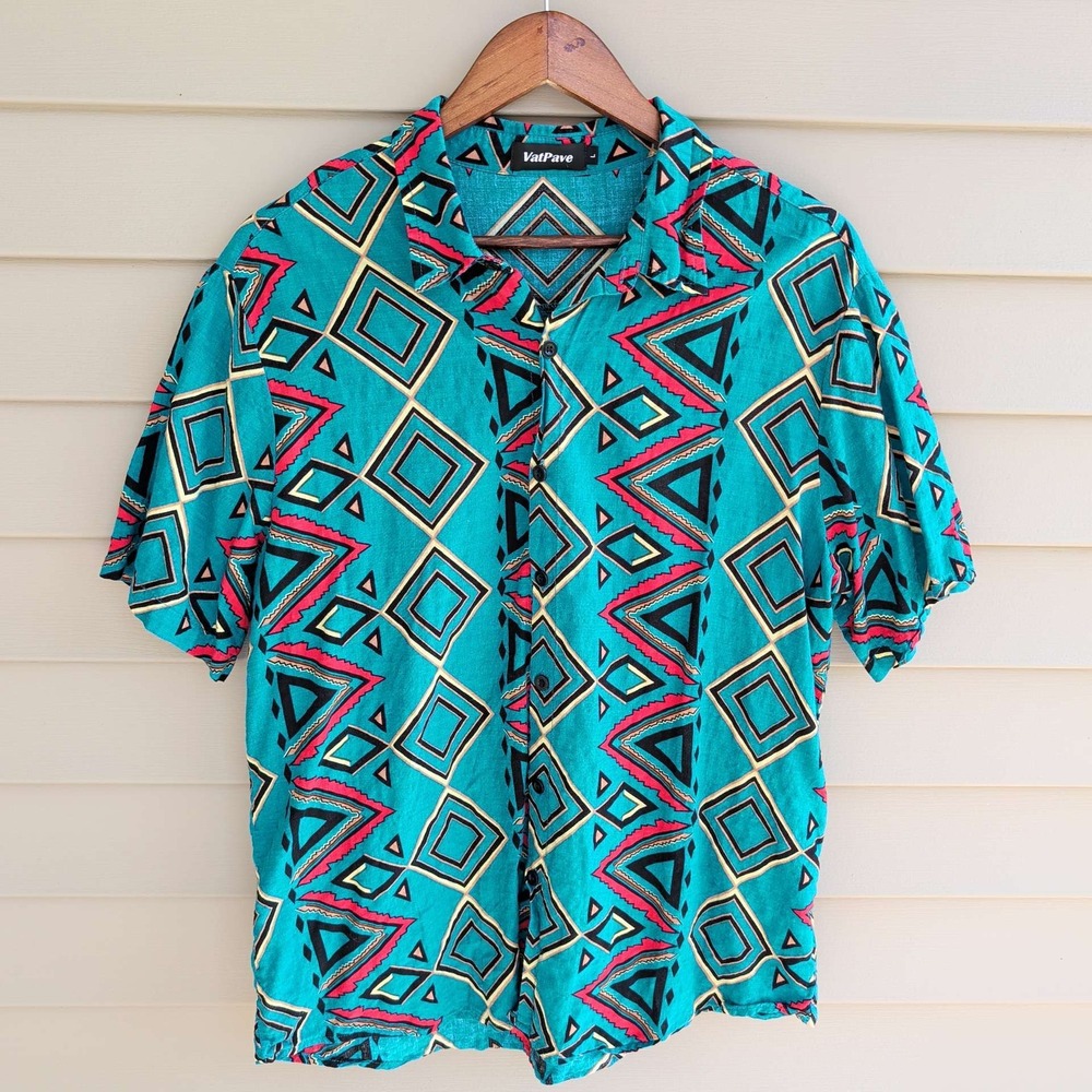 VatPave Button Down Shirt Mens Large Teal Geometric Tribal Print Short Sleeve